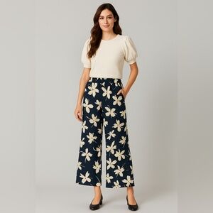 Simply Vera Vera Wang Navy and Cream Floral Wide Leg Pants
